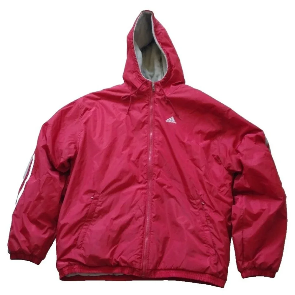 VTG Y2K Adidas Puffer Jacket Red Fleece Lined Hooded Men's Extra Large XL